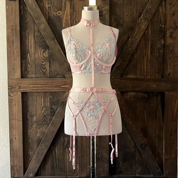 NWT Embroidered Lace halter Ring Linked Harness Garter Lingerie Luxury Set Thong - Picture 3 of 11